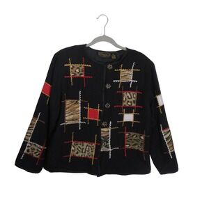 Vintage‎ Alex Kim Patchwork Animal Print Embroidered Artsy Jacket Black Medium
